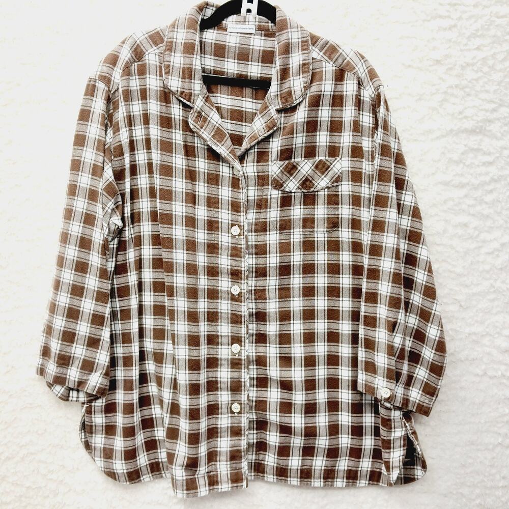 Button-Up Plaid Portuguese Flannel Lagenlook Brown Cottagecore Cozy Soft Size 1X